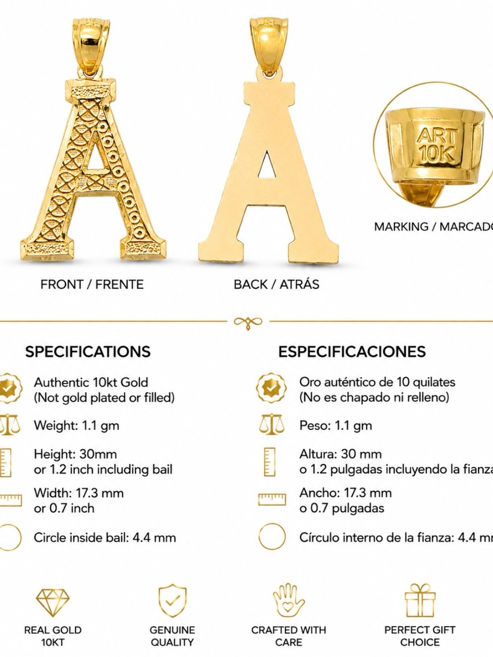 10kt Gold Letter A Pendant Charm - Yellow Gold